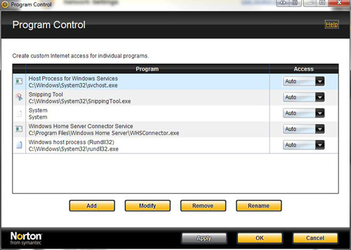Norton Internet Security, Smart Firewall > Program Control